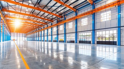  An empty industrial warehouse with large windows and a reflective floor