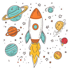Wall Mural - graphics of space, planets, and astronauts on a white background.