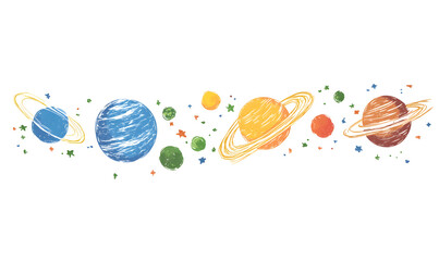 Wall Mural - graphics of space, planets, and astronauts on a white background.