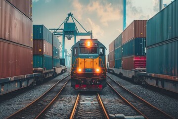 Fototapete - A freight train is being loaded with cargo containers at a bustling railway station, showcasing industrial activity in progress. Generative AI