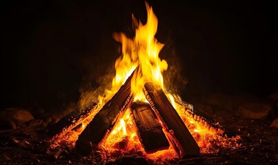 A fiery bonfire burns brightly against a dark night sky, creating a warm and inviting ambiance.