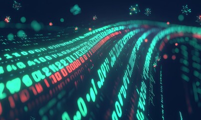 Abstract digital data stream with binary code and glowing particles in blue background.