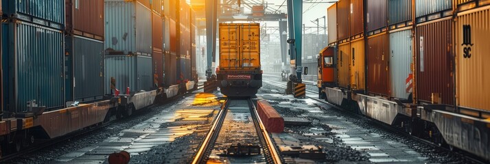 Poster - A freight train is being loaded with containers, surrounded by other cargo and railway infrastructure at sunset. Generative AI