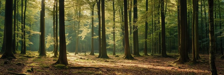 Canvas Print - Morning sunlight bathes a tranquil Swiss forest, illuminating vibrant greenery and casting gentle shadows on the forest floor. Generative AI