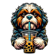 Barbet dog sipping on boba milk tea drink illustration, dog drinking bubble tea cartoon