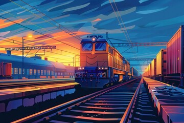 Poster - A freight train is being loaded with colorful containers as the sun sets, illuminating the railway station with warm hues. Generative AI