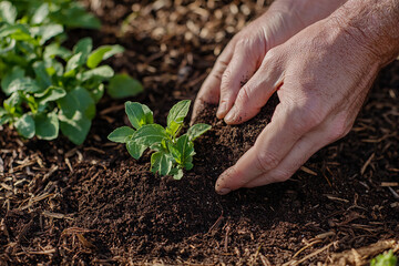 Close-up of hands planting a young plant in rich soil, with a garden background