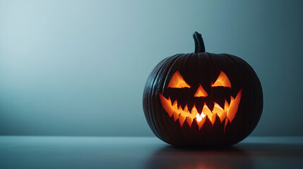 Halloween pumpkin with a carved scary face glowing