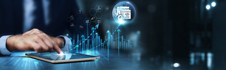 Wall Mural - web development: businessman using tablet and analysis technical growth by web development, ui/ux de