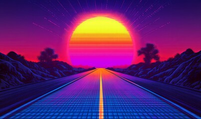 A futuristic road leading to a large yellow sun with pink and purple sky and two trees in the background.