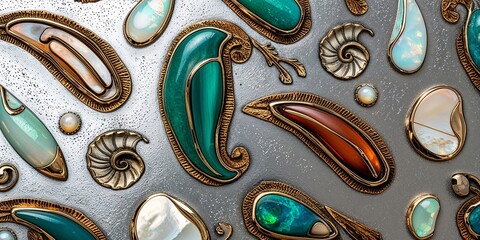 Poster - Intricate gemstone pattern with turquoise, opal, and shell details.