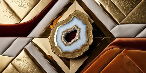 Canvas Print - Geode crystal on a textured gold and leather background.