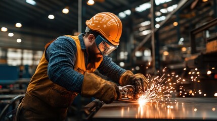 Wall Mural - Worker Using Large Machine in Welding Workspace