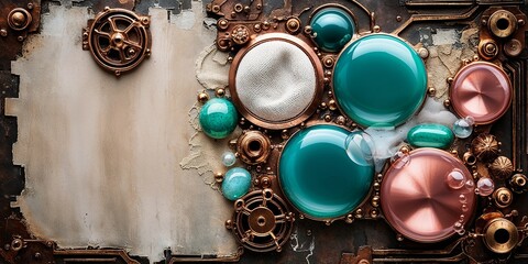 Canvas Print - Steampunk background with blank paper, gear, and green and copper orbs.