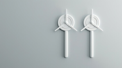 minimalist design featuring two white wind turbines mounted on light gray wall, symbolizing renewabl