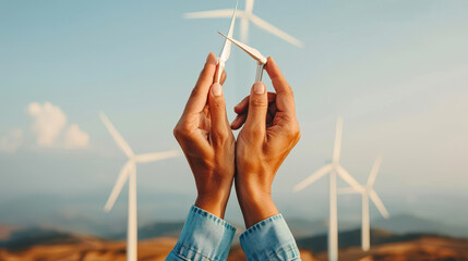 Harnessing renewable energy, this showcases hands holding miniature wind turbine against backdrop of larger wind turbines. scene emphasizes innovation and sustainability in energy production