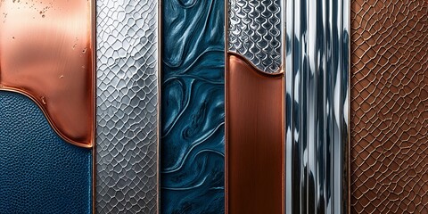 Abstract metallic and textured background with copper, silver, blue and brown.