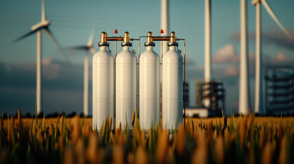 green hydrogen facility with gas cylinders stands prominently in field, surrounded by wind turbines. This captures essence of renewable energy and innovation