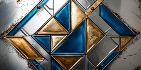 Abstract geometric pattern with blue, gold, and silver metallic triangles.