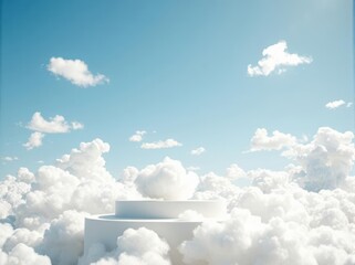 Wall Mural - cheerful cloud podium floating in a bright blue sky, perfect for clean product displays.