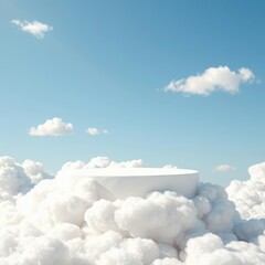 Wall Mural - cheerful cloud podium floating in a bright blue sky, perfect for clean product displays.
