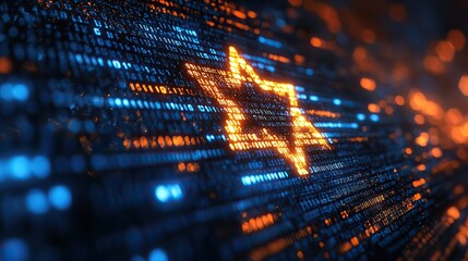 The Israeli flag set against binary code reflects the intersection of national identity and modern technology concepts.