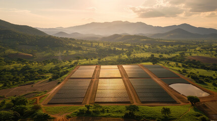 Sticker - stunning aerial view of renewable energy grid featuring solar panels set against backdrop of lush green hills and mountains. sun casts warm glow over landscape, highlighting sustainable energy