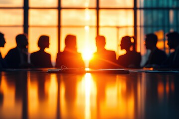 Silhouettes of business professionals meeting at sunset.