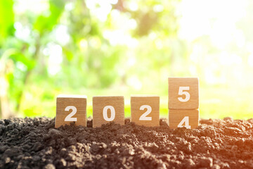 Poster - Transition change of year 2024 to 2025 in wooden blocks with growing plant at sunrise. Welcome new year 2025 and goodbye 2024 concept.