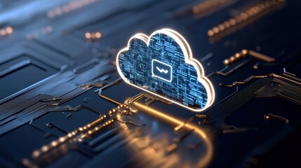 secure cloud based platform with digital connections and circuits, symbolizing remote teamwork and technology. This represents innovation and connectivity in digital age