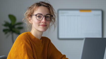 young woman with glasses is smiling while working on laptop in modern workspace. cozy atmosphere and her focused expression create sense of productivity and collaboration