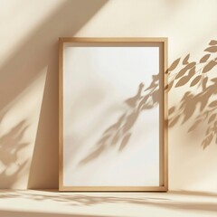 Light wooden frame mockup leaning against a beige wall with plant shadows