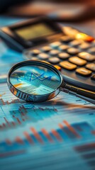 Aufkleber - A magnifying glass rests on a financial graph, revealing a blue line chart. A calculator is blurred in the background.