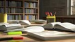 © JENG - A study table filled with open books, stationery, and highlighters, set against a backdrop of bookshelves, creating a scholarly atmosphere.