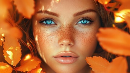 Poster - A stunning closeup of a freckled woman with blue eyes, embraced by vibrant orange flowers, showcasing pure beauty.