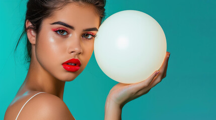 Poster - A striking young woman poses with a glowing neon lamp, exuding confidence in a formfitting latex outfit.