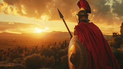 Spartan warrior wearing a red cloak and an iron helmet holding a spear, shield, and sword on the field of battle against a sunset background.