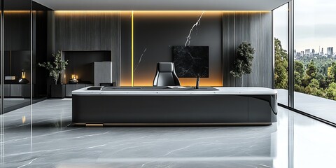 Poster - A sleek, modern office interior with a large desk, a black leather chair, and a view of a city skyline through a window.