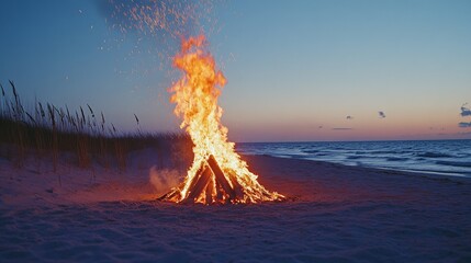 bonfire ablaze on the serene beach at sunset