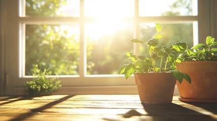 Sunlit Indoor Plants by Window in Cozy Setting