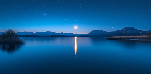 a serene night scene of a calm lake with a full moon reflecting in the water, surrounded by mountain