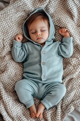 Poster - A peaceful baby sleeping on a soft blanket, dressed in light blue pajamas, captured from above in a serene moment