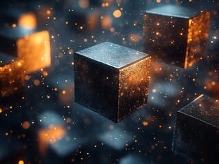 Fototapete - Abstract background with floating cubes and golden particles.