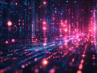 Fototapete - Abstract digital space with glowing lines and particles in pink and blue hues.