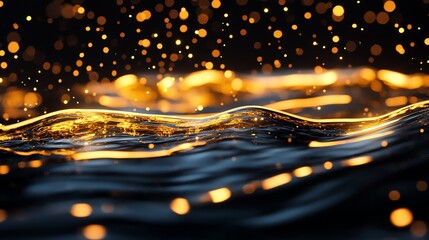 Abstract golden liquid wave with bokeh lights on a dark background.