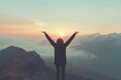 © hisilly - Embracing Dreams: Young Woman with Open Arms Standing Above Rainbow & Mountains