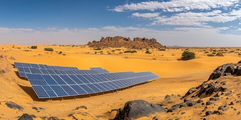 Solar panels harnessing sunlight in the Sahara Desert to generate clean energy for sustainable development. Renewable energy technology concept