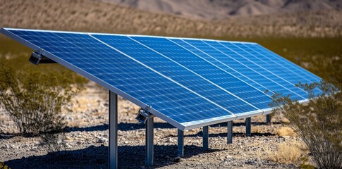 Solar panels on a remote desert solar farm generating renewable energy through sunlight, promoting sustainability and energy independence. Clean energy concept