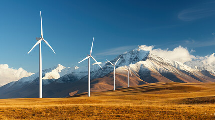 Sticker - Wind turbines stand tall against backdrop of majestic mountains, showcasing renewable energy in stunning landscape. scene captures harmony between technology and nature