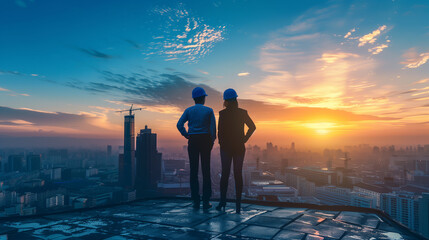 Two Engineers Standing on Rooftop Overlooking City at Sunrise